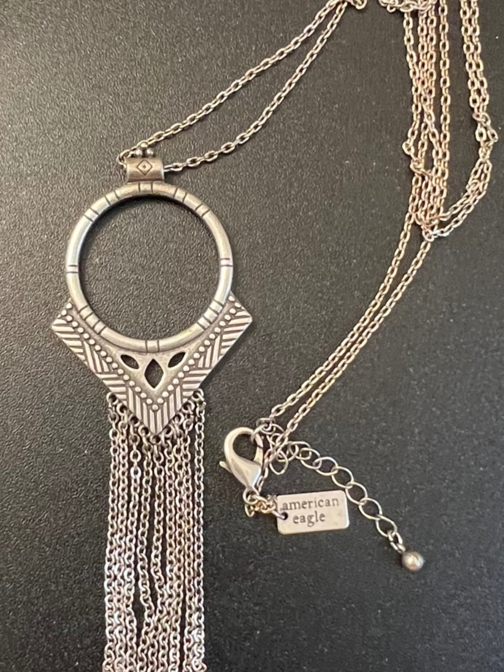 American Eagle Silver Tone Boho Southwestern 32" Tassel Fringed Necklace